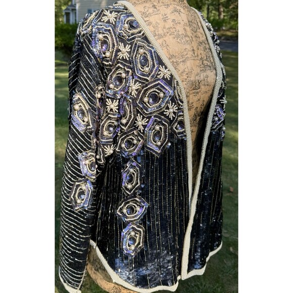 Vtg Oleg Cassini Sparkly Beaded Sequin Jacket Embellished Pearls Open Front Sz L - Picture 11 of 16